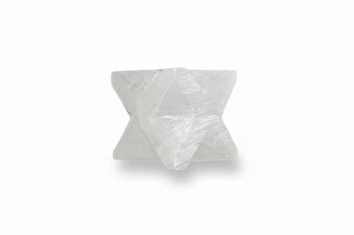 A Selenite Merkaba shown on a clean white background with a soft shadow.