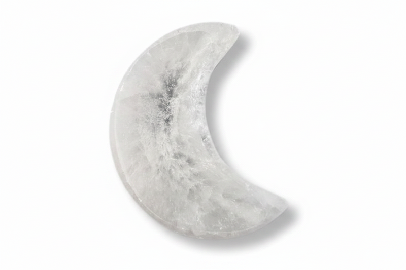 A crescent moon-shaped selenite moon bowl shown on a clean white background with a soft drop shadow.