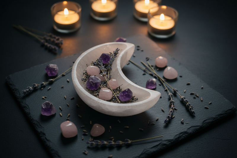 A crescent moon-shaped white stone bowl filled with rose quartz and amethyst crystals, styled on a dark slate board with lavender sprigs and surrounded by glowing tealight candles.