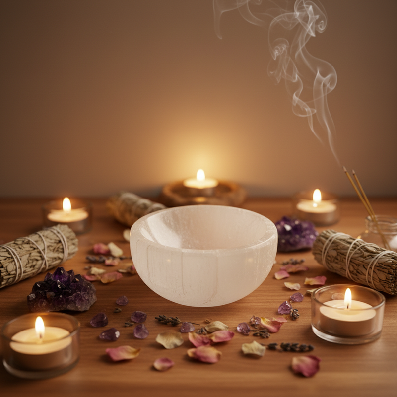 A selenite bowl sits on a wooden table surrounded by lit tealight candles, smudge bundles, dried petals, crystals, and incense sticks in a warm, atmospheric arrangement.
