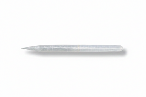 A selenite pencil wand shown horizontally on a plain white background with a soft drop shadow.