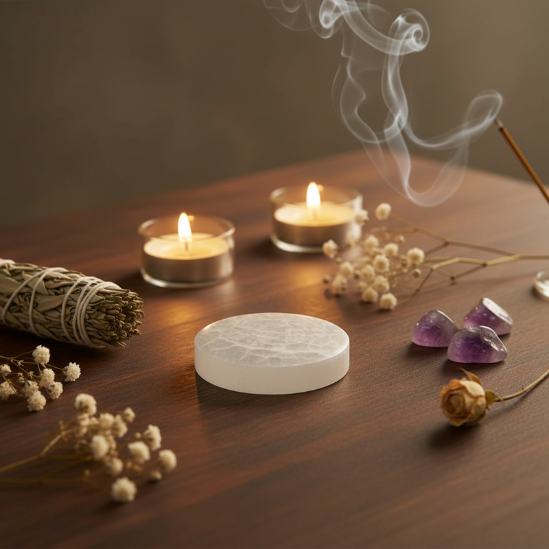 A round white selenite plate sits on a dark wooden table, surrounded by lit tealight candles, a smudge bundle, dried flowers, and purple crystals.