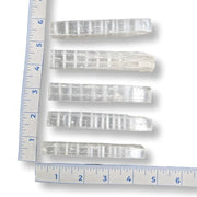 Five clear, ribbed selenite sticks arranged vertically next to a blue ruler for scale, on a white background.
