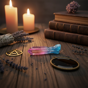 Crystal wand, candles, books, and lavender on a wooden surface with a mystical or Wiccan theme.