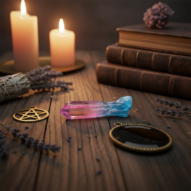 Crystal wand, candles, books, and lavender on a wooden surface with a mystical or Wiccan theme.