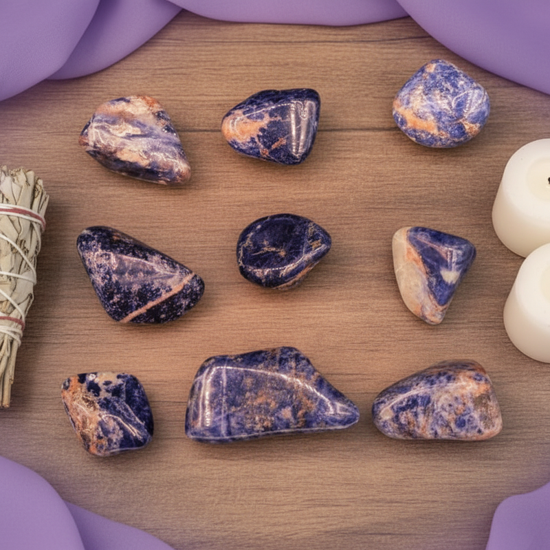 Set of orange and blue stones on a wooden surface with a bundle of sage and candles.