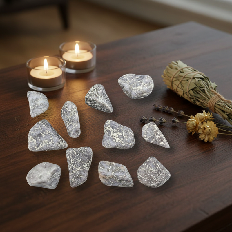 Collection of crystals on a wooden surface with candles and herbs in the background