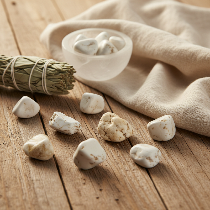 White stones on a wooden surface with a bundle of sage and a cloth in the background.