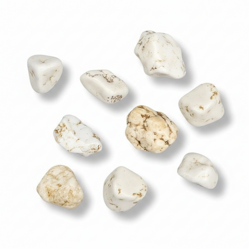 White stones with brown markings on a white background