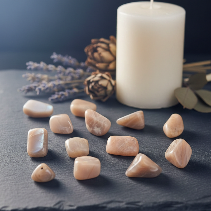 Candle with stones and lavender on a dark surface