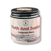Candle jar labeled 'Truth And Justice' with a white background