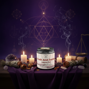Candle with 'Truth And Justice' text on a purple cloth with candles and symbols in the background
