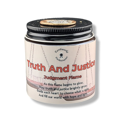 Candle jar labeled 'Truth And Justice' with a white background