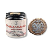 Candle jar labeled 'Truth And Justice' with a decorative wax seal on a white background