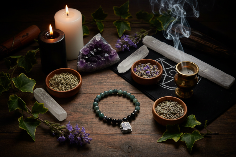 8mm Bracelet Magik Spells Moss Agate & Black Onyx