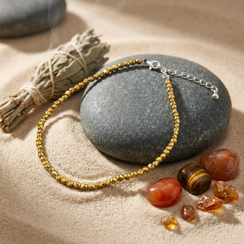 A gold beaded anklet with a silver chain clasp, displayed on a dark gray stone over a sandy surface with decorative stones and a smudge bundle.