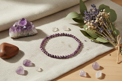 A purple beaded bracelet arranged in a circle on a textured cream fabric, styled with crystals, a purple amethyst cluster, dried flowers, and a wooden heart on a light wood surface.
