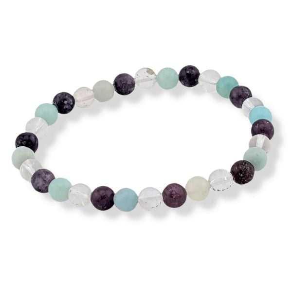 6mm Bracelet Amazonite, Lepidolite, Quartz Crystal