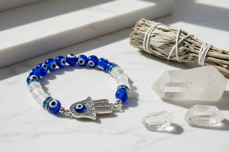 8mm Bracelet Evil Eye Quartz Crystal Hamsa Hand