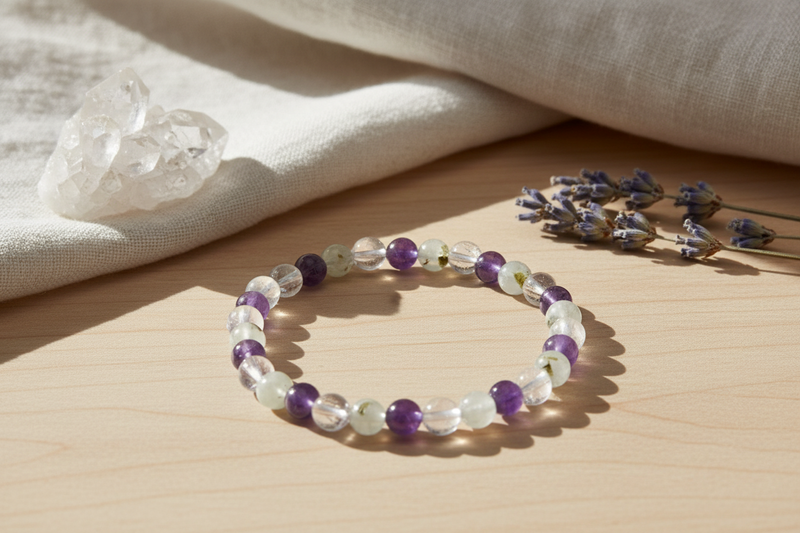 6mm Bracelet Amethyst, Prehnite, Quartz Crystal