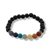 Black beaded bracelet with multicolored beads on a white background