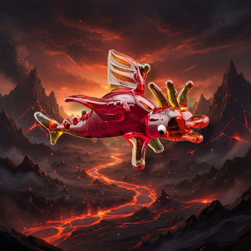 Glass figurine of a red dragon with wings against a fiery mountain landscape