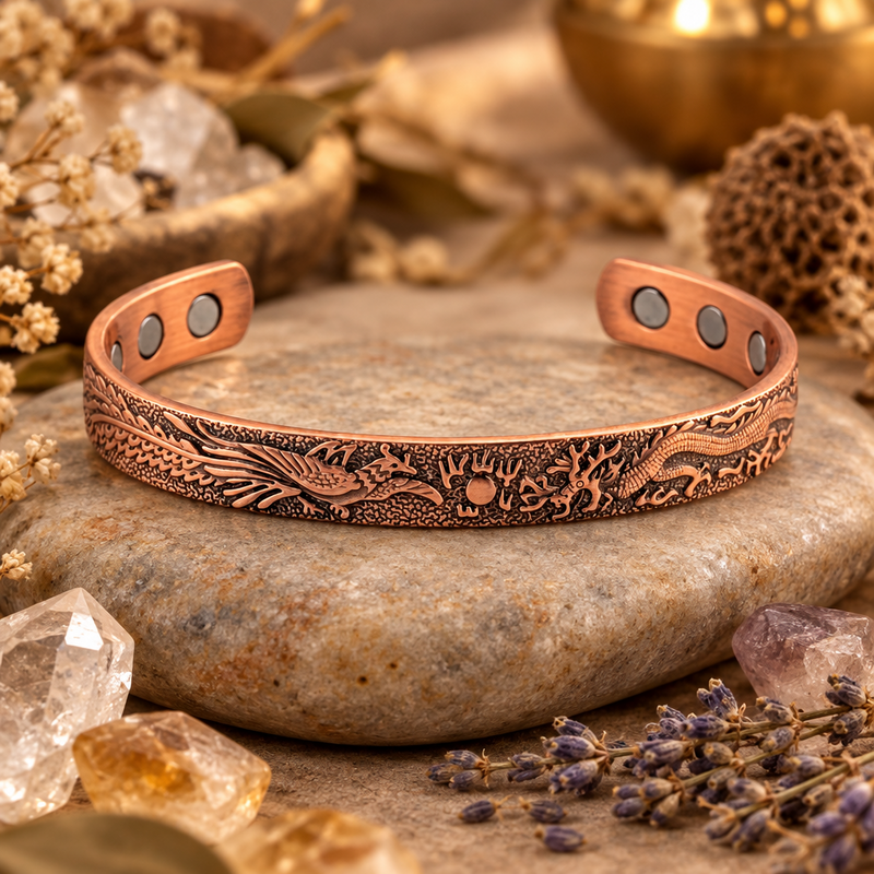 An engraved copper-toned open cuff bracelet with magnetic square inserts, displayed on a smooth stone surrounded by dried flowers, crystals, and a warm blurred background.