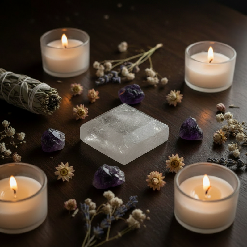 A square translucent crystal block sits on a dark wooden table surrounded by four lit white candles in glass holders, small dried flowers, a bundle of sage, and several purple crystals.