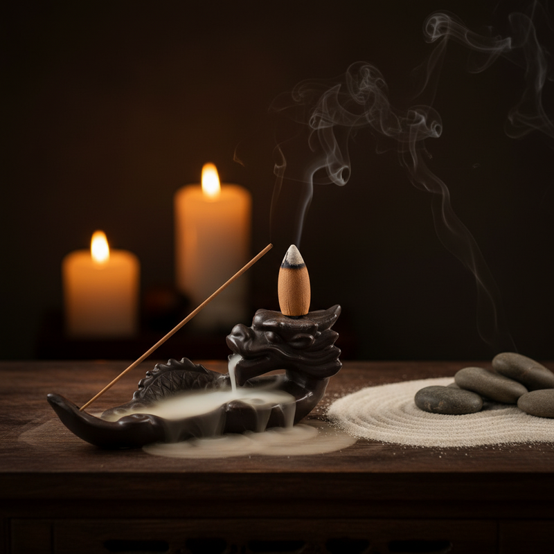 Incense stick burning with smoke, candles, and stones on a wooden surface.