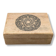 Wooden box with a pentagram design on a white background