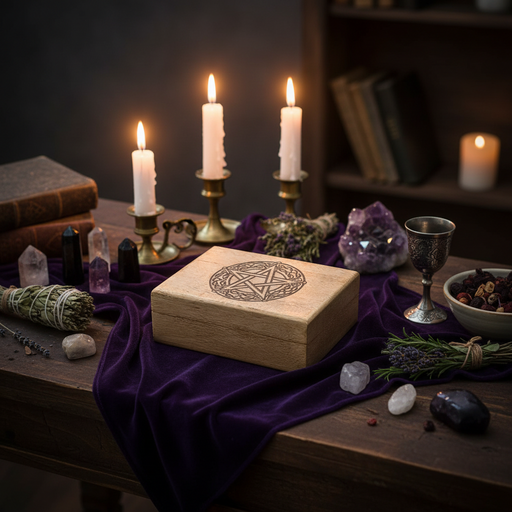 Witchcraft altar setup with candles, books, and a pentagram box on a dark surface.