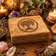 A square wooden box with a laser-engraved tree of life design on the lid, styled on a wooden surface with candles, crystals, dried lavender, and a smudge bundle.
