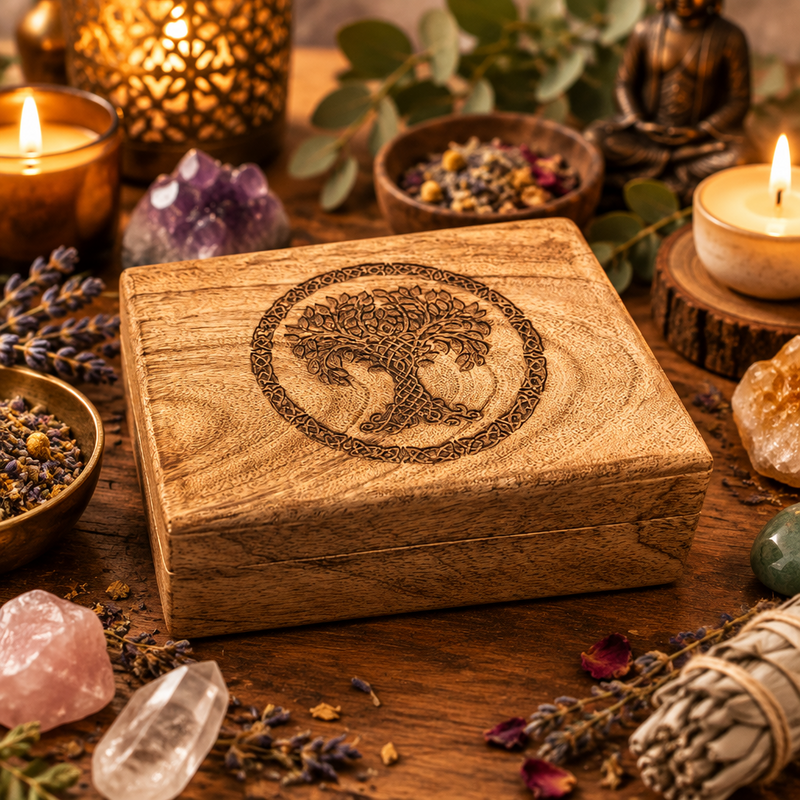 A square wooden box with a laser-engraved tree of life design on the lid, styled on a wooden surface with candles, crystals, dried lavender, and a smudge bundle.