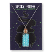 Necklace packaging with 'Spooky Potions' text and a glowing blue potion bottle pendant.