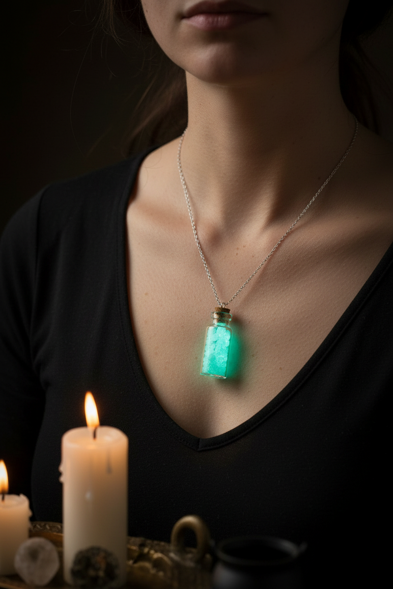 A close-up lifestyle shot of a woman wearing a silver chain necklace with a glowing blue vial pendant, set against a dark background with lit candles.