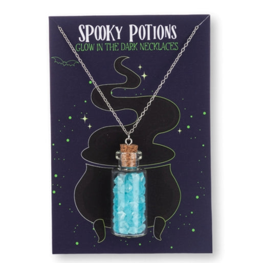 Necklace packaging with 'Spooky Potions' text and a glowing blue potion bottle pendant.