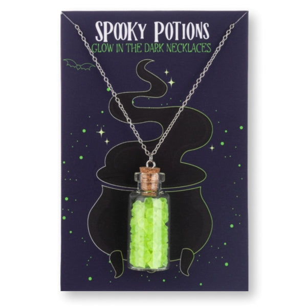 A glowing green potion bottle pendant on a card that reads Spooky Potions, on a white background