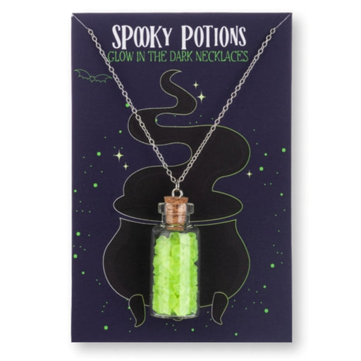 A glowing green potion bottle pendant on a card that reads Spooky Potions, on a white background
