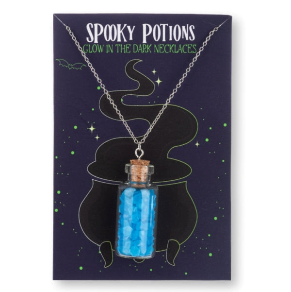 Necklace with blue glittery potion bottle pendant on a 'Spooky Potions' card.