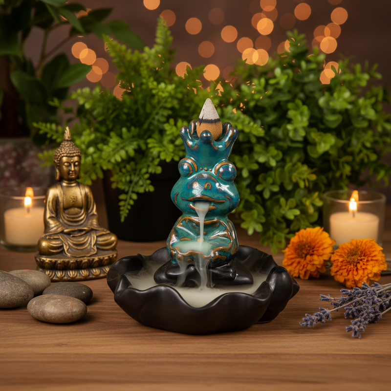 Decorative incense burner with candles, flowers, and a Buddha statue on a wooden surface.