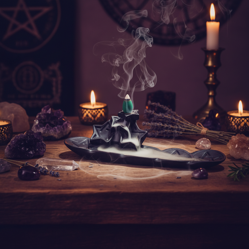 Witchcraft altar with incense, candles, and crystals on a wooden surface.