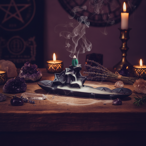 Witchcraft altar with incense, candles, and crystals on a wooden surface.