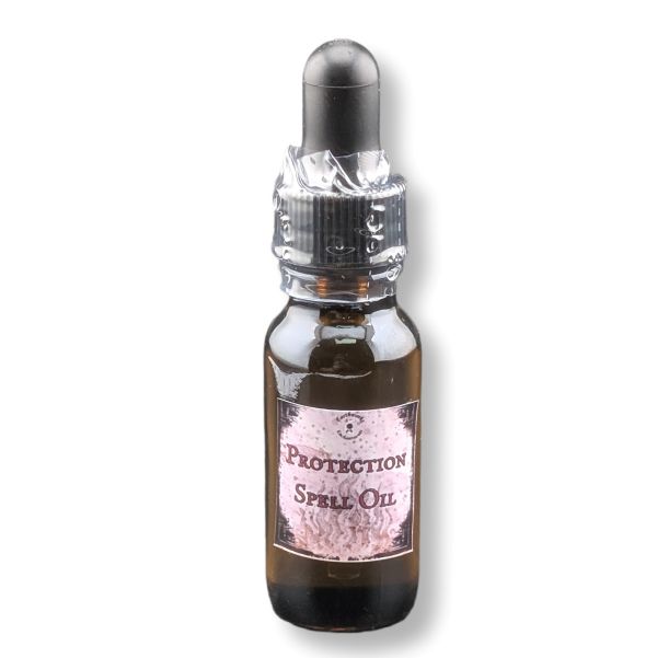 A small amber glass dropper bottle labeled 'PROTECTION SPELL OIL' with a pink label and a black rubber dropper cap, shown on a white background.