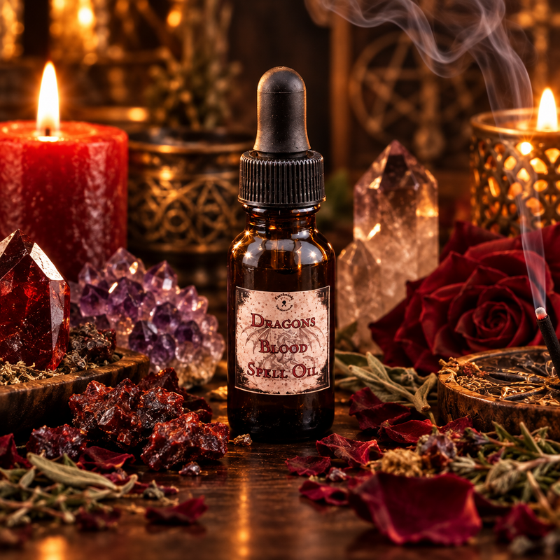 A small amber glass dropper bottle labeled 'Dragons Blood Spell Oil' stands on a wooden surface surrounded by ritual props including red candles, crystal clusters, dried rose petals, herbs, and a burning incense stick in a warm, atmospheric setting.