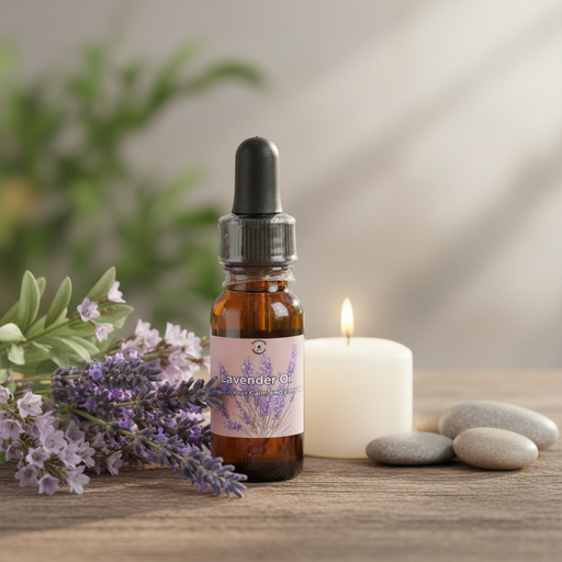 Bottle of lavender oil with a dropper, lavender flowers, and a candle on a wooden surface.