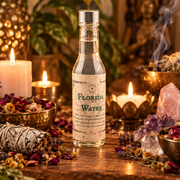 A bottle of Florida Water on a wooden table surrounded by smudges, crystals, dried herbs and candles.