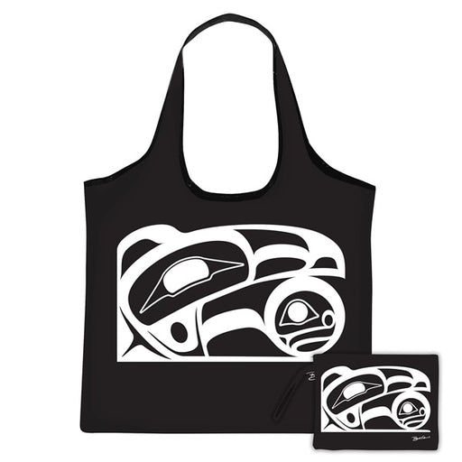 Black tote bag with white tribal design on a white background