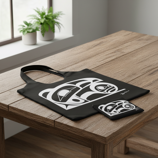 A black reusable tote bag with a bold white Indigenous-inspired graphic print rests on a wooden table next to a matching small pouch. The background shows a softly blurred interior with a window and potted plants.