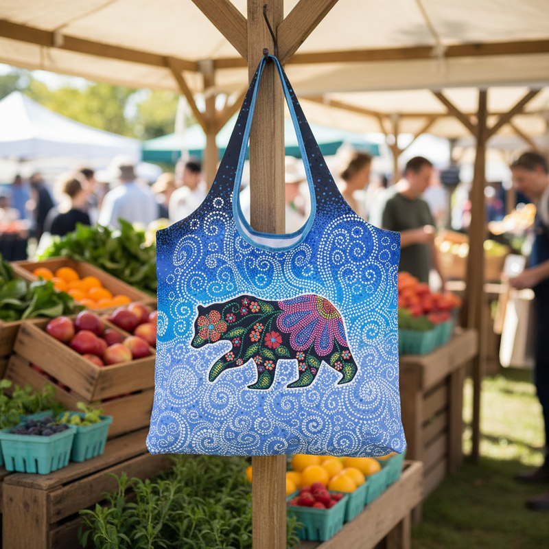 A reusable tote bag with a blue and white swirl pattern and a colorful bear illustration, hanging from a wooden stand at an outdoor farmers market.