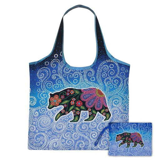 Reusable shopping bag with a colorful bear design on a blue patterned background